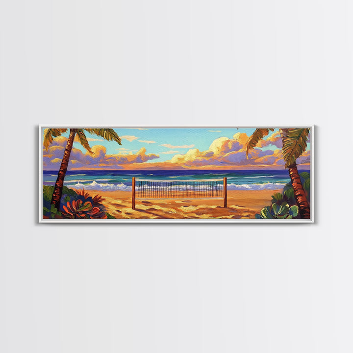 Beach Sunset, Palm Trees, Volleyball Net, Tropical Decor, Framed Canvas Print, Coastal Wall Art, Boho Beach Vibes, Game Room Art