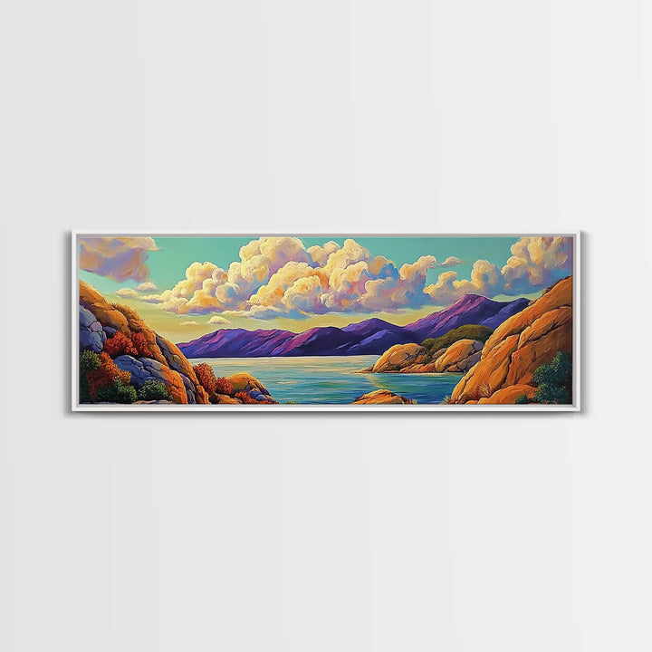 Rocky Coast View, Cloudy Sky Seascape, Peaceful Nature Art, Framed Canvas Print, Beach House Decor, Coastal Bedroom Wall Art