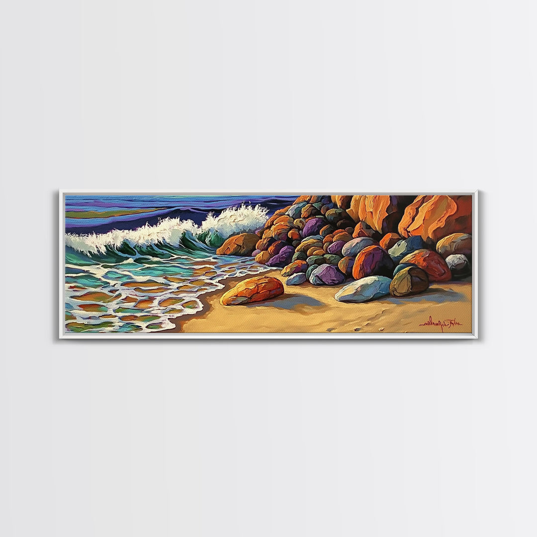 Rocky Shoreline Waves, Ocean Rocks Art, Seaside Spray, Framed Canvas Print, Bathroom Coastal Wall Art, Bold Beach Style, Nautical Decor