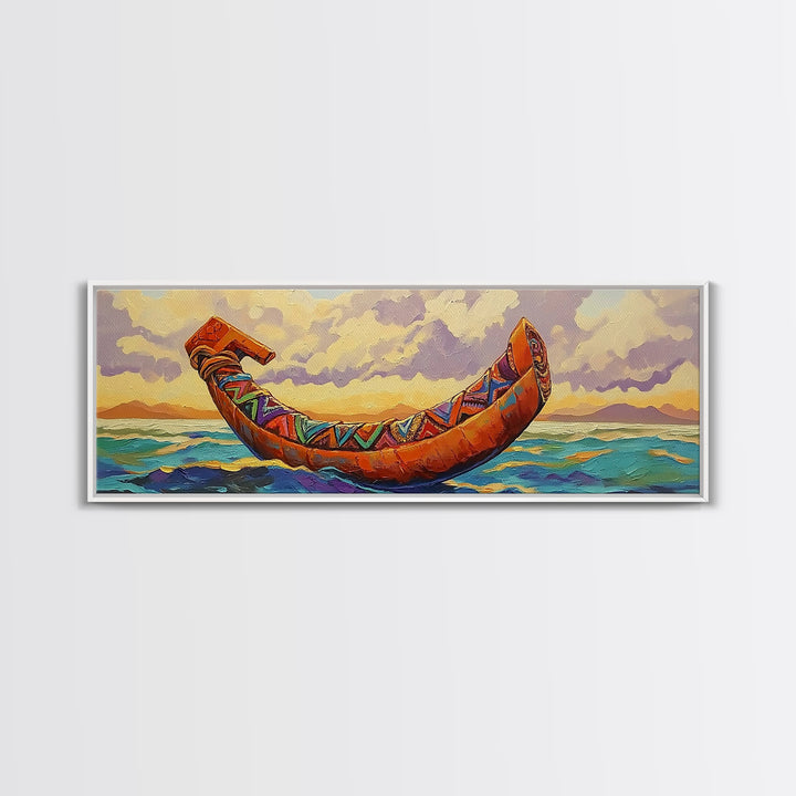 Tribal Canoe, Ocean Spirit, Ethnic Decor, Sunset Waterscape, Framed Canvas Print, Rustic Coastal Art, Living Room Adventure Decor