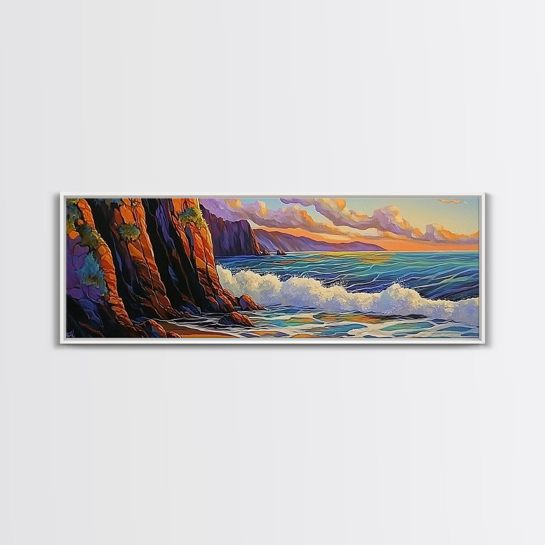 Coastal Cliff, Ocean Waves, Sunset Water, Rocky Shoreline, Framed Canvas Print, Bathroom Wall Art, Vibrant Seascape, Beach House Style