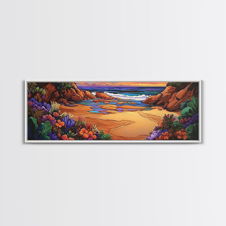 Rocky Beach Cove, Tropical Floral Ocean Art, Sunset Coastline View, Framed Canvas Print, Bathroom Wall Art, Nature Inspired Style