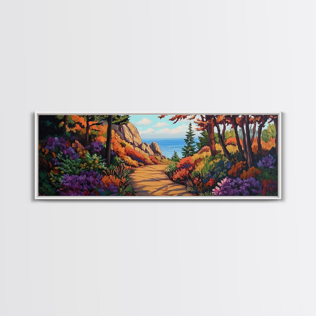 Coastal Forest Walk, Vibrant Landscape Painting, Ocean View Trail, Autumn Decor, Framed Canvas Print, Hallway Wall Art