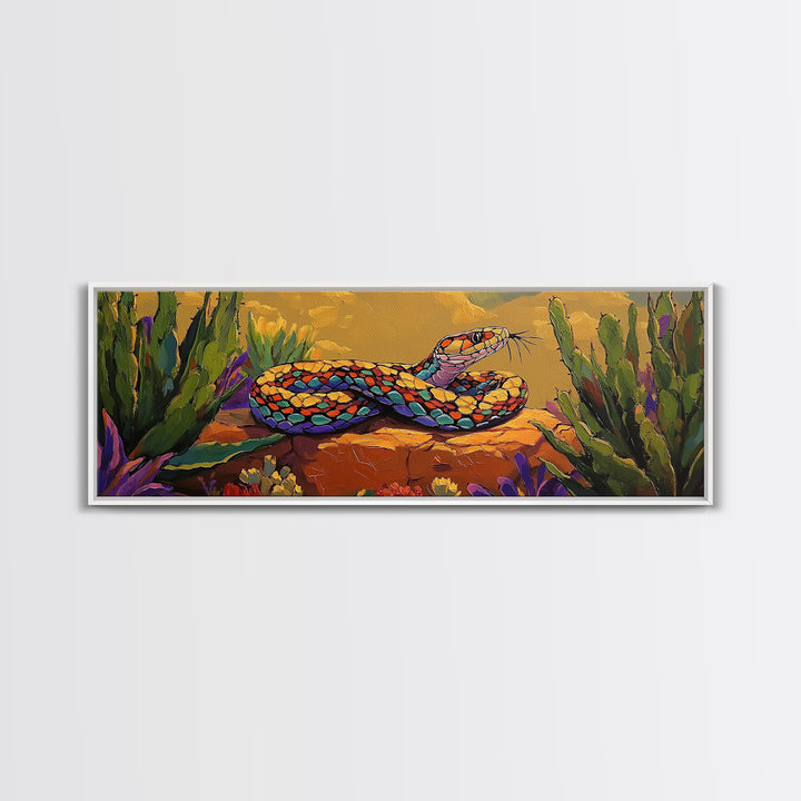 Desert Snake Scene, Vibrant Reptile Art, Cactus Wildlife, Framed Canvas Print, Bold Southwest Wall Decor, Nature Inspired Room