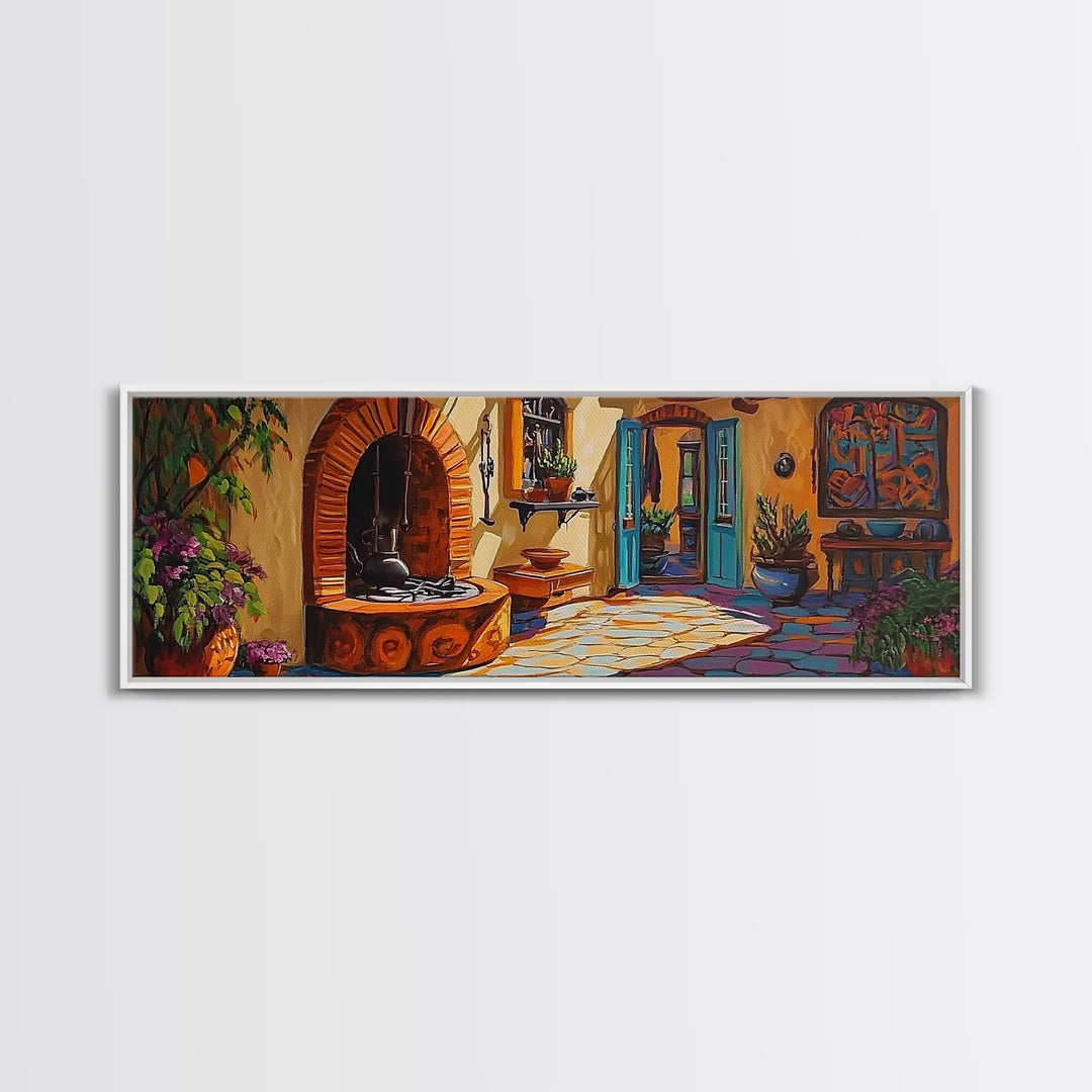 Cozy Kitchen Decor, Rustic Courtyard Art, Adobe Style, Mexican Home Wall Decor, Framed Canvas Print, Southwest Kitchen Wall Art