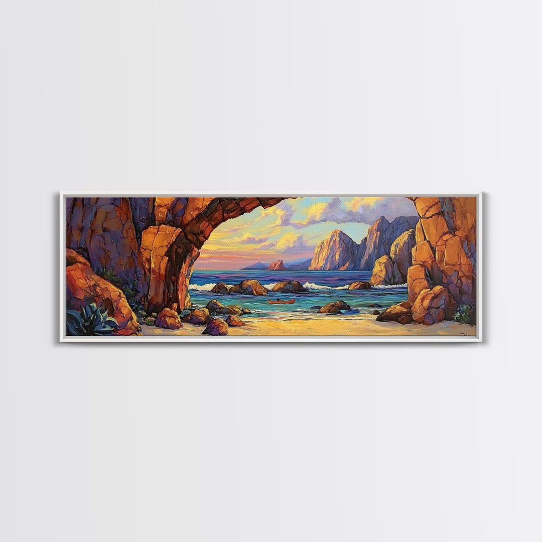 Coastal Archway View, Rocky Beach Sunset, Ocean Serenity, Framed Canvas Print, Nautical Living Room Art, Seaside Escape Scene