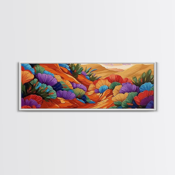 Colorful Desert Blooms, Vibrant Landscape, Boho Floral Style, Framed Canvas Print, Bedroom Wall Art, Modern Southwestern Painting