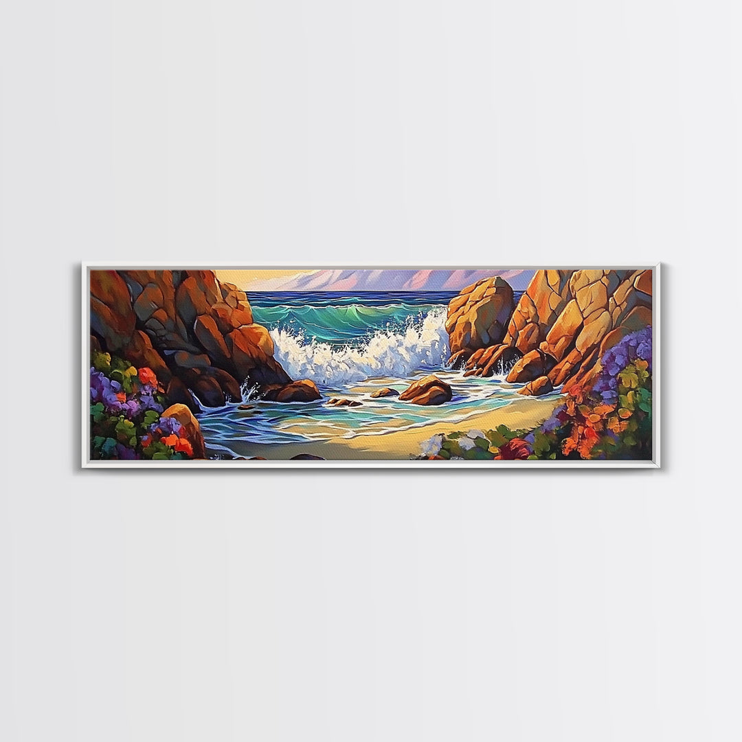 Rocky Shore Break, Ocean Cliff Scene, Seaside Escape, Framed Canvas Print, Coastal Bathroom Wall Art, Nautical Beach Decor