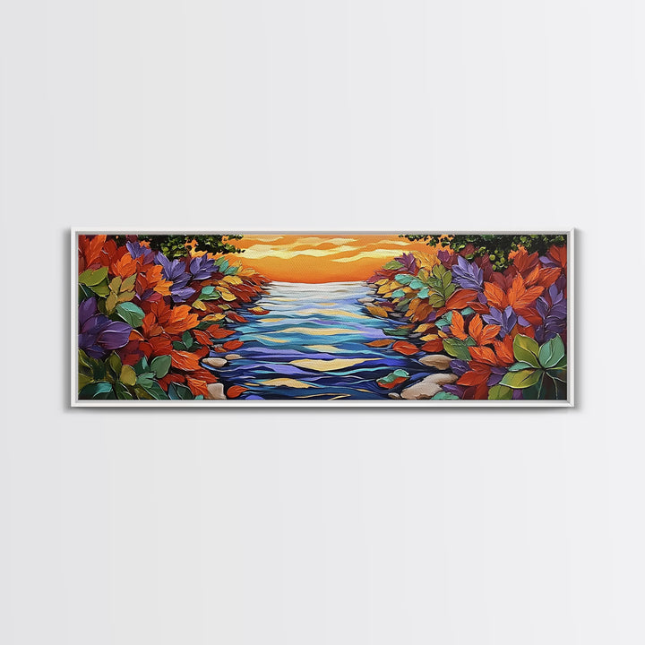 Autumn River Glow, Fall Leaf Reflections, Vibrant Nature Scene, Framed Canvas Print, Rustic Wall Art, Entryway or Dining Room Decor