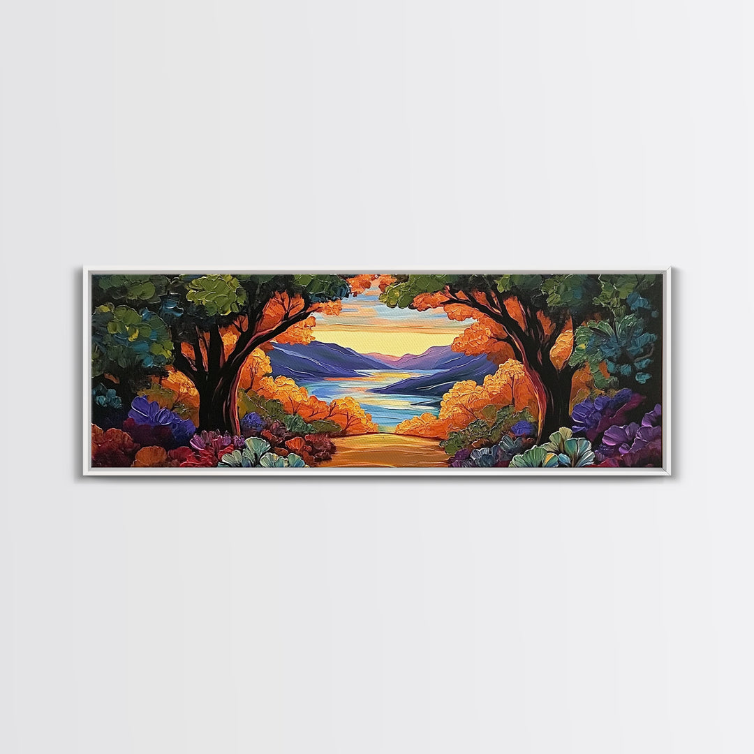 Autumn Lake View, Forest Path, Mountain Vibe, Framed Canvas Print, Fall Wall Art, Boho Landscape, Cozy Living Room Decor