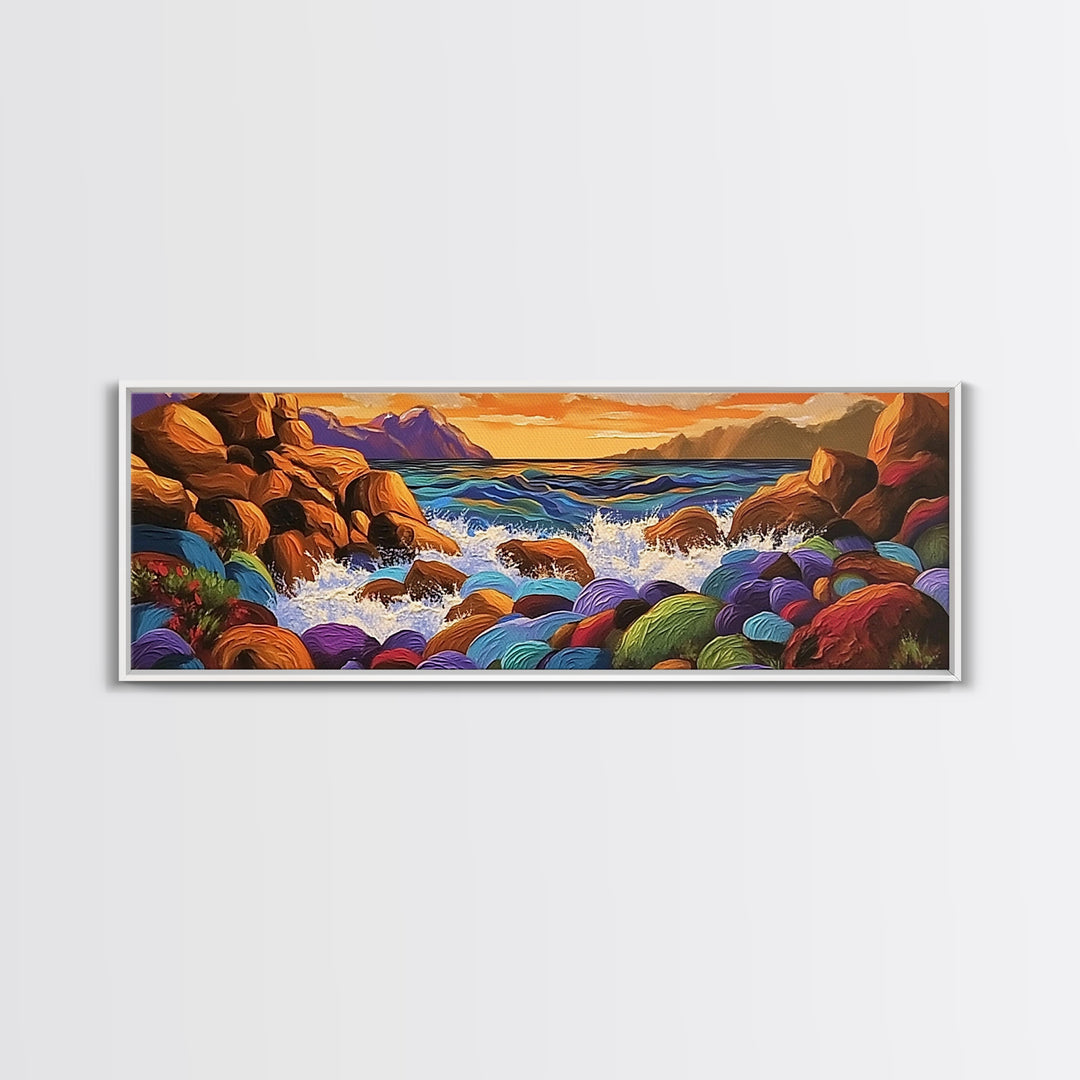 Rocky Coastline, Sunset Splash, Rainbow Stones, Framed Canvas Print, Bathroom Wall Art, Modern Seaside Art, Bold Landscape Vibes