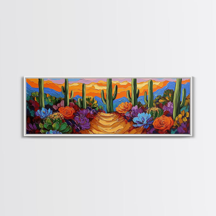 Cactus Garden Sunset, Desert Wall Art, Succulent Landscape, Framed Canvas Print, Boho Living Room Decor, Vibrant Western Style