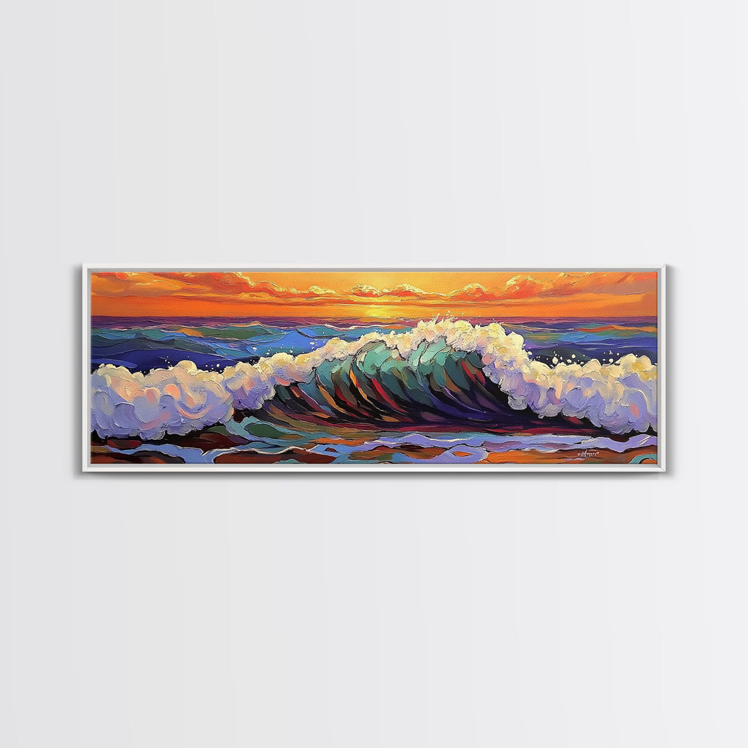 Breaking Wave Art, Sunset Ocean Surf, Bold Seaside Motion, Vibrant Coastal Palette, Framed Canvas Print, Bathroom Beach Decor