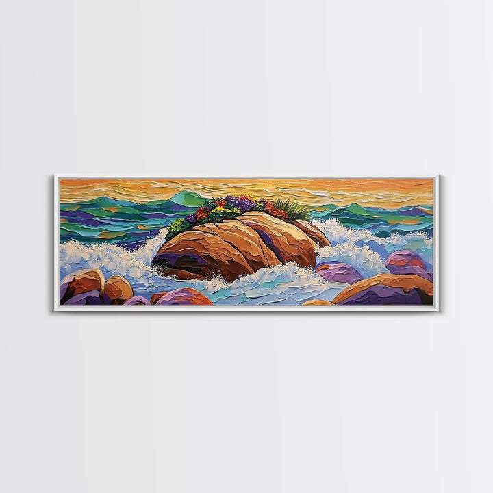 Rocky Shoreline Scene, Vibrant Sea Garden, Coastal Wave Power, Nature Texture Painting, Framed Canvas Print, Ocean Lover Wall Art