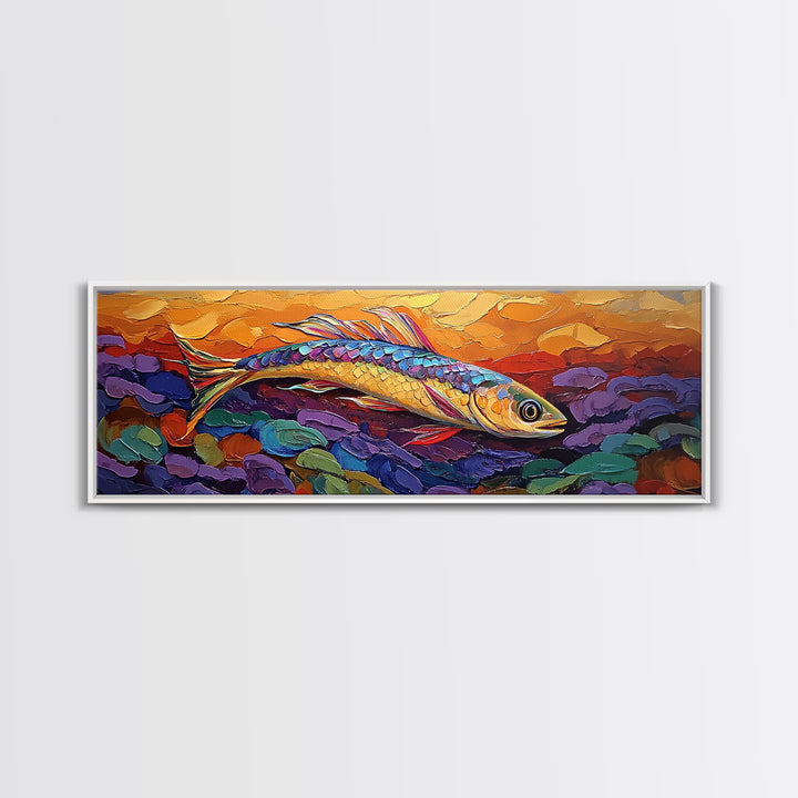 Colorful Fish Painting, Vibrant Sea Life, Abstract Ocean Creature, Marine Fantasy Style, Framed Canvas Print, Kids Room Underwater Art