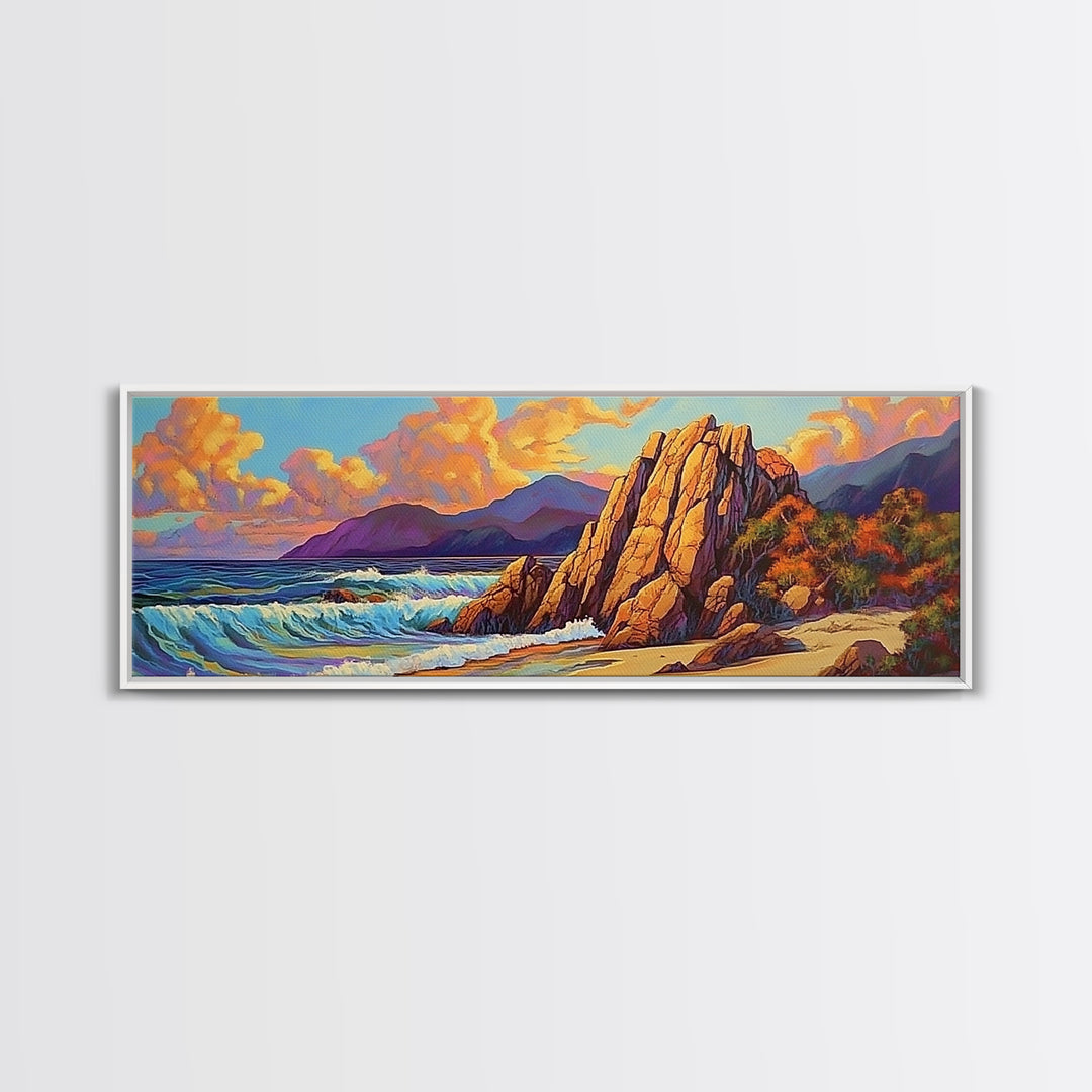 Coastal Rocks, Ocean Cliffs, Sunset Clouds, Canvas Print, Bold Seascape Wall Art, Living Room Fall Decor, Nature Inspired Aesthetic