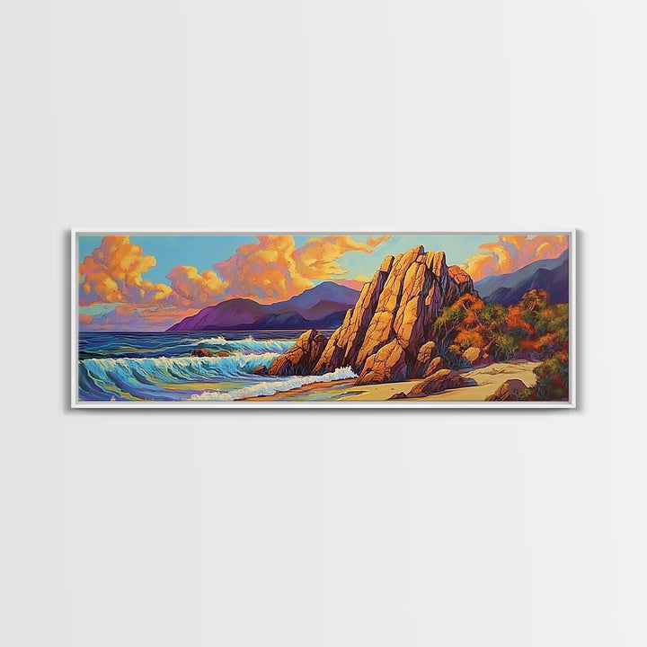 Coastal Rocks, Ocean Cliffs, Sunset Clouds, Canvas Print, Bold Seascape Wall Art, Living Room Fall Decor, Nature Inspired Aesthetic