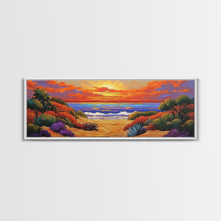 Autumn Sunset Path, Beach Trail Art, Vibrant Landscape, Framed Canvas Print, Fall Home Decor, Coastal Living Room Wall Art, Boho Art