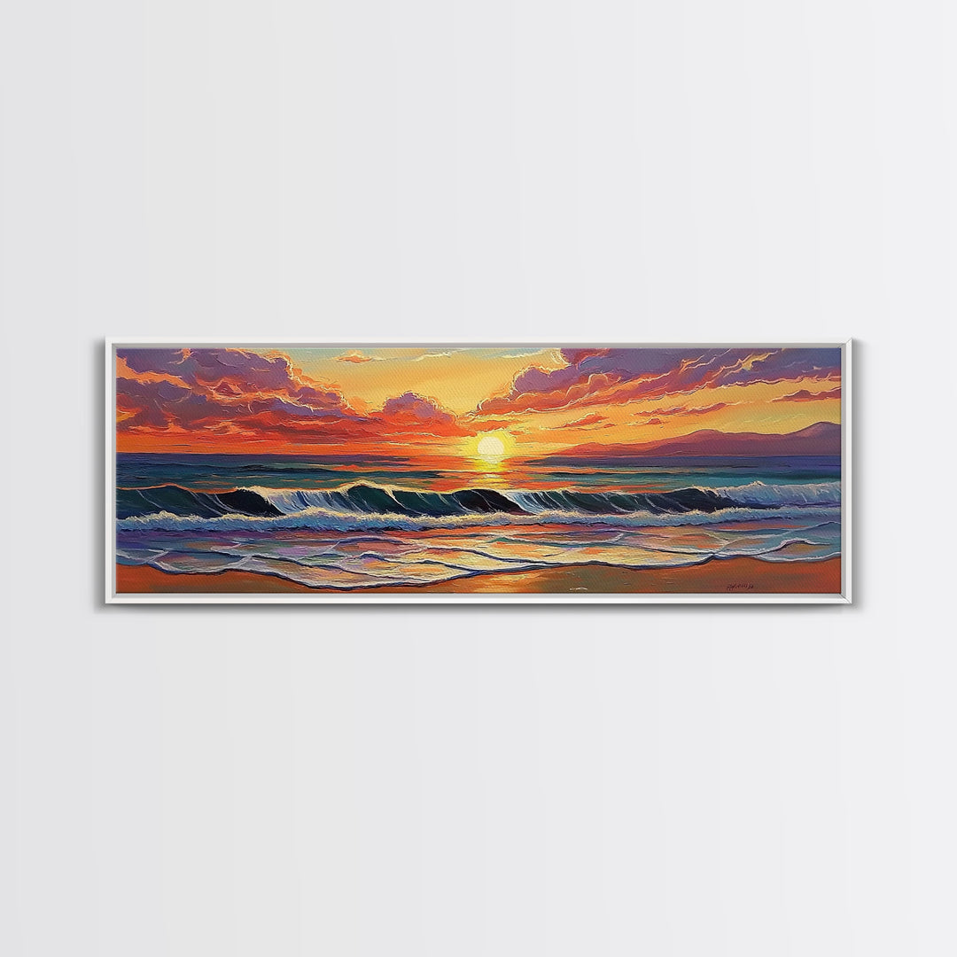 Crashing Sunset Waves, Ocean Horizon Art, Coastal Abstract Painting, Framed Canvas Print, Colorful Living Room Wall Art, Beach Vibes