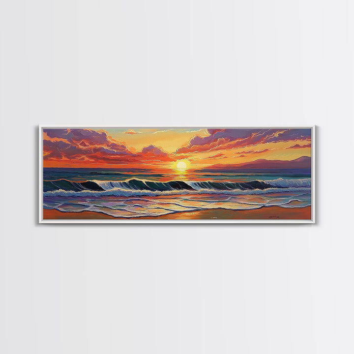 Crashing Sunset Waves, Ocean Horizon Art, Coastal Abstract Painting, Framed Canvas Print, Colorful Living Room Wall Art, Beach Vibes