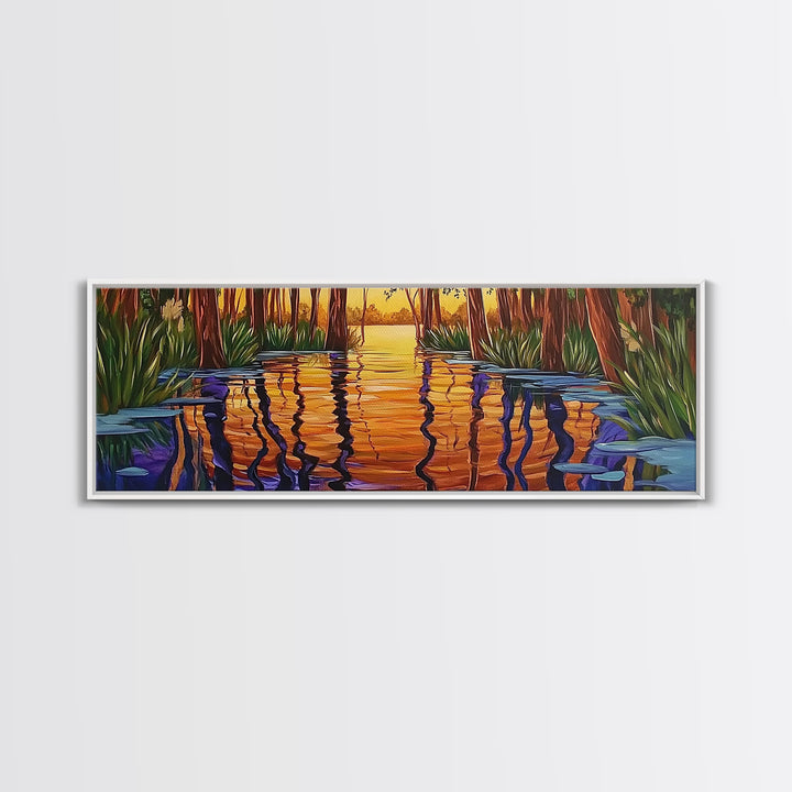 Sunset Reflection, Tranquil Forest, Swamp Scene, Cypress Trees, Framed Canvas Print, Autumn Wall Art, Rustic Decor, Nature Art