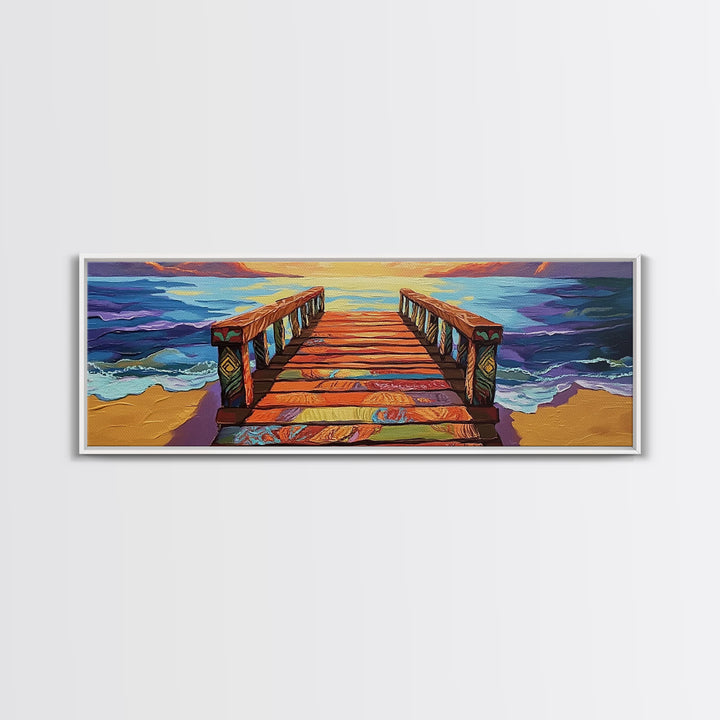 Colorful Pier, Sunset View, Ocean Dock, Serene Shoreline, Framed Canvas Print, Beach House Wall Art, Coastal Landscape Painting
