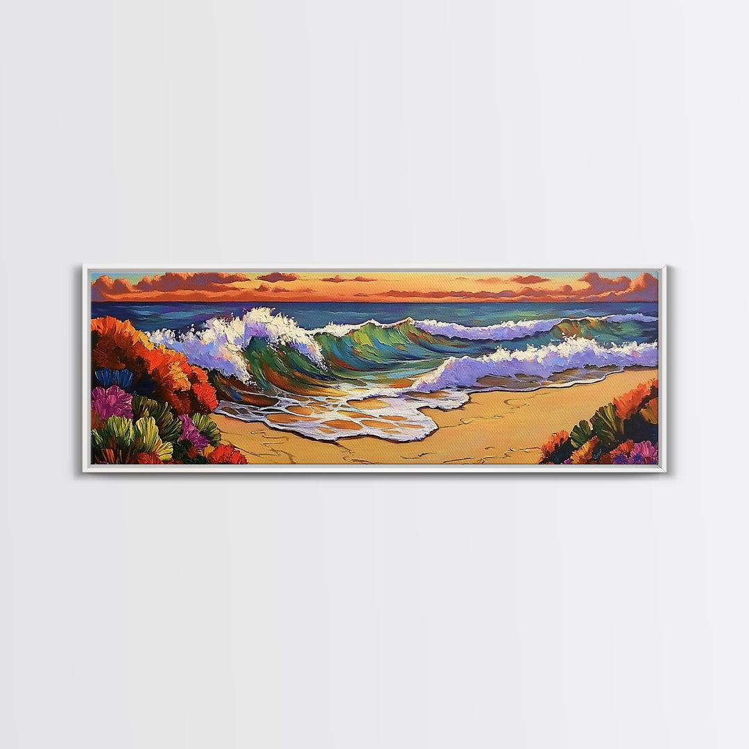 Ocean Curl, Autumn Surf, Sunset Beach, Floral Waves, Framed Canvas Print, Living Room Wall Art, Fall Coastal Painting, Bold Decor