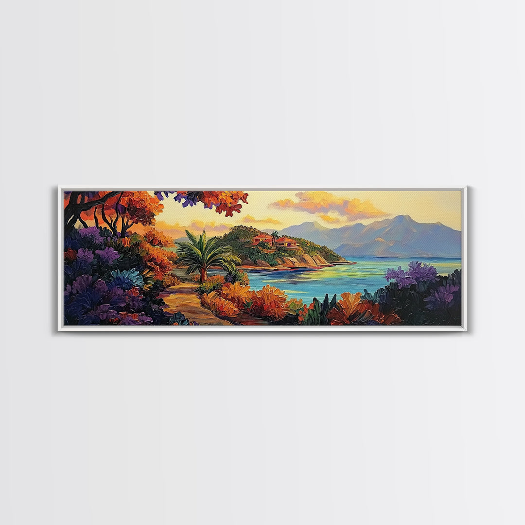Island Retreat, Ocean View, Palm Trees, Colorful Foliage, Framed Canvas Print, tropical wall art, boho living room accent piece