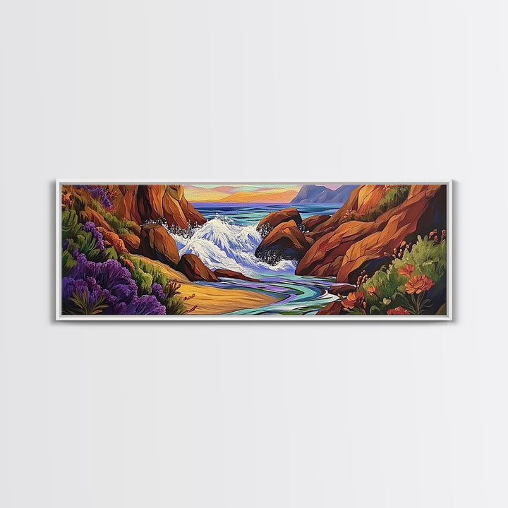 Rocky Shore, Ocean Splash, Sunset Cove, Botanical Scene, Framed Canvas Print, vibrant coastal wall art, beach bathroom decor, ocean vibe