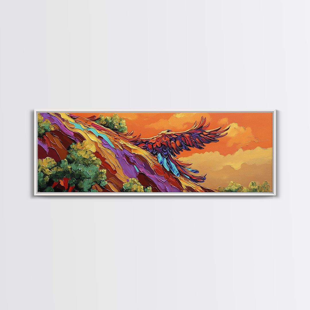 Phoenix Soar, Sunset Flight, Bold Nature, Uplifting Vibes, Framed Canvas Print, Boho Office Wall Art, Inspirational Bird Painting