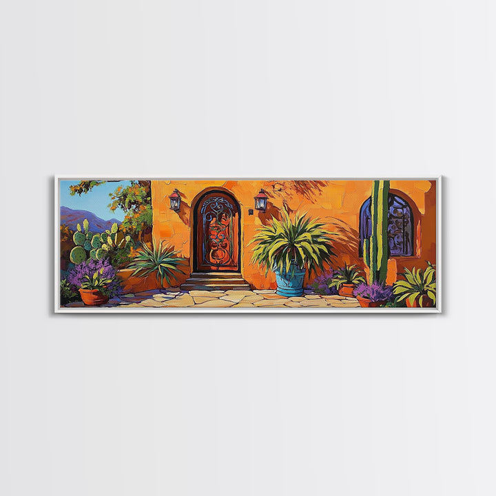 Desert Doorway, Cactus House, Warm Entryway, Framed Canvas Print, Southwest Wall Art, Rustic Kitchen Decor, Boho Style Exterior Scene