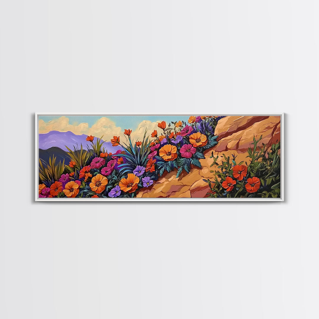 Coastal Flowers, Sunset Hillside, Wildflower Art, Framed Canvas Print, Vibrant Landscape Wall Decor, Living Room Boho Wall Art
