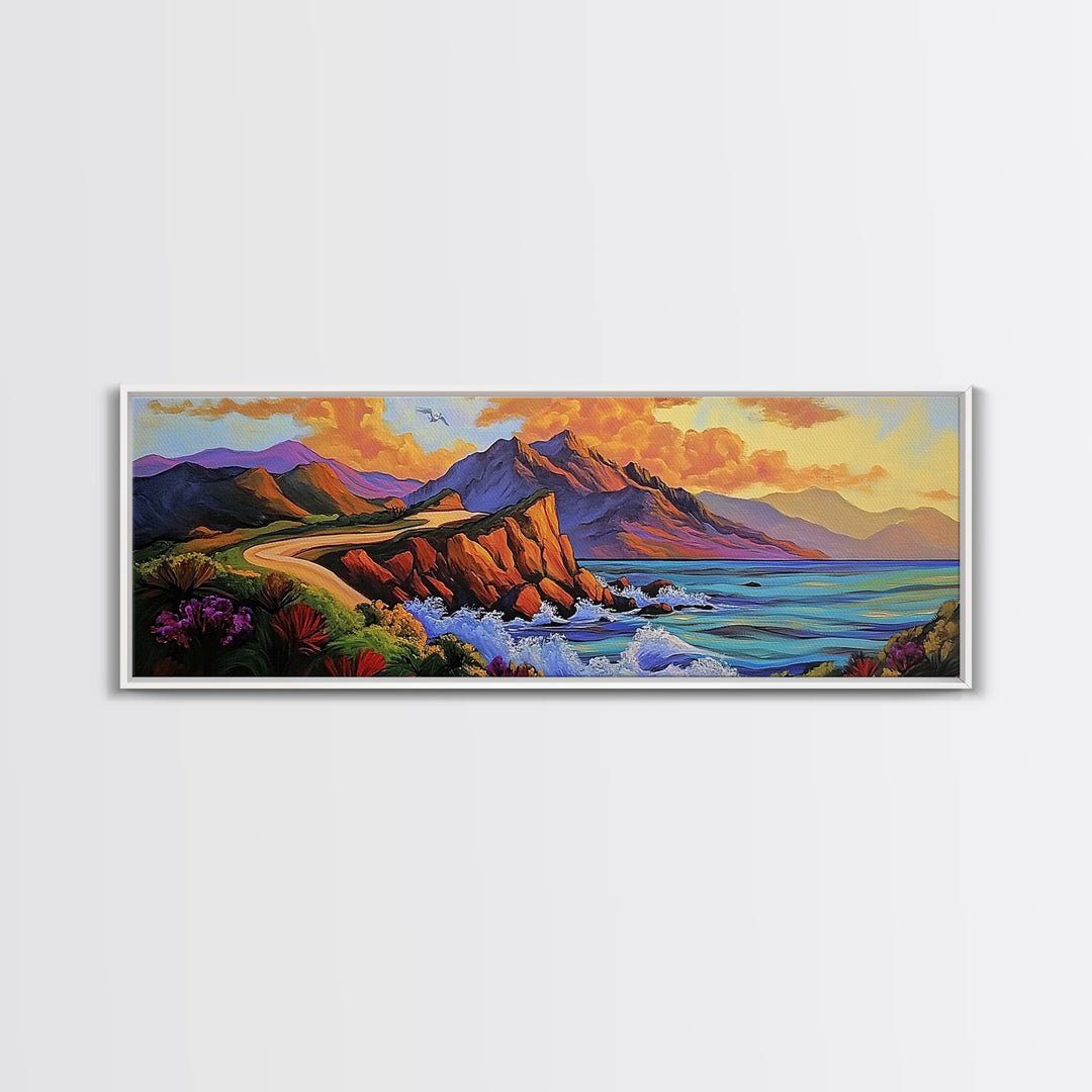 Cliffside Drive, Sunset Coast, Dramatic Ocean Scene, Framed Canvas Print, Coastal Wall Art, Office Accent Art, Bold Color Landscape