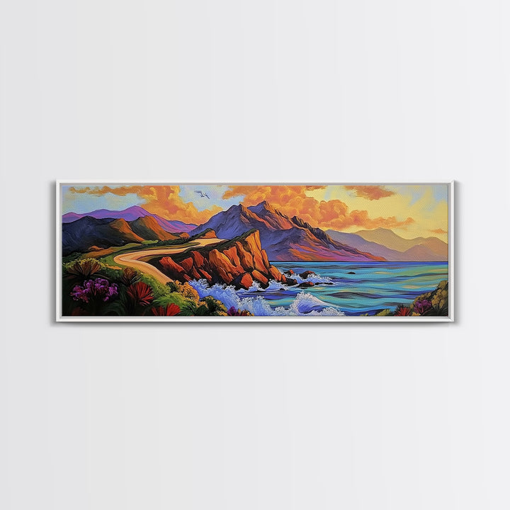 Cliffside Drive, Sunset Coast, Dramatic Ocean Scene, Framed Canvas Print, Coastal Wall Art, Office Accent Art, Bold Color Landscape
