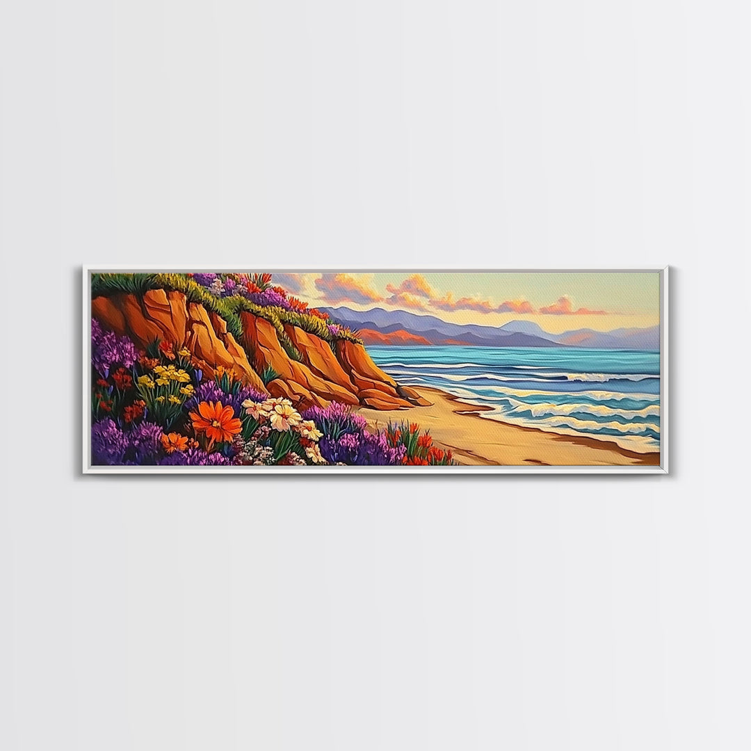 Cliffside Flowers, Ocean Waves, Sunset Coast, Canvas Print, Vibrant Coastal Wall Art, Bedroom or Bathroom Decor, Bohemian Beach Art