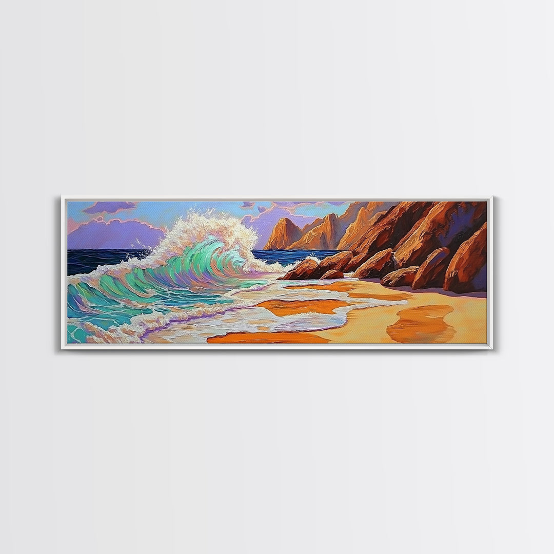 Crashing Wave, Coastal Shore, Sunset Beach, Framed Canvas Print, Ocean Wall Art, Beach Decor, Vibrant Surf Painting, Bathroom Art