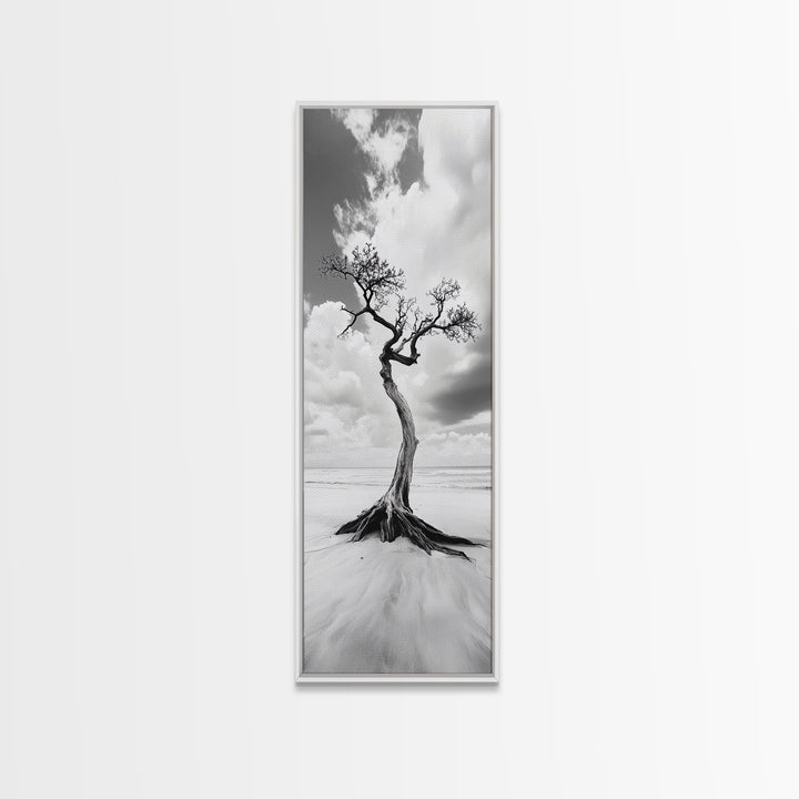 Solitary Tree, Beach Art, Surreal Landscape, Moody Wall Decor, Framed Canvas Print, Meditation Room Art, Monochrome Nature Style