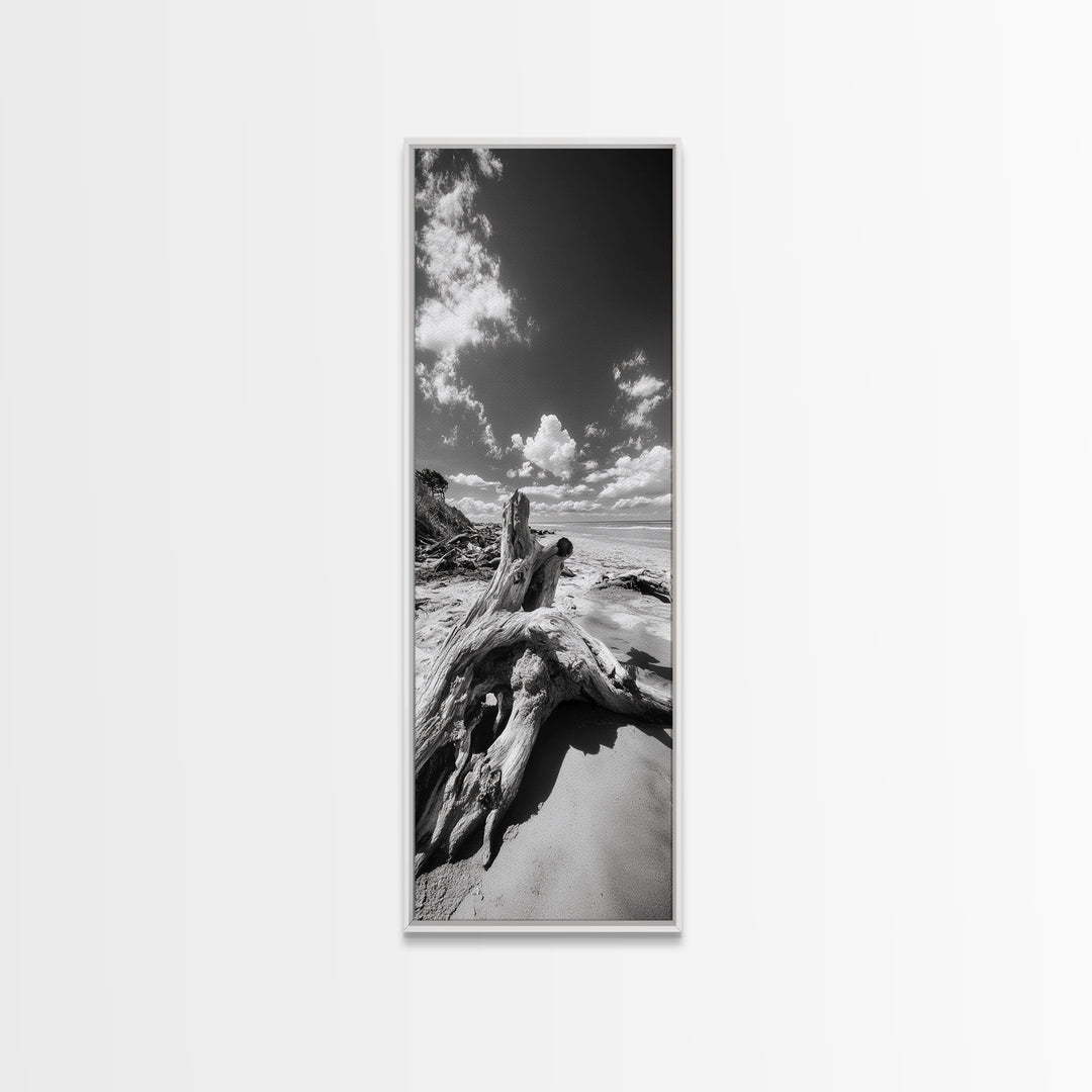 Coastal Driftwood, Sandy Beach, Ocean View, Rustic Style, Canvas Print, Fall Wall Art, Bathroom Decor, Nature Photography Art