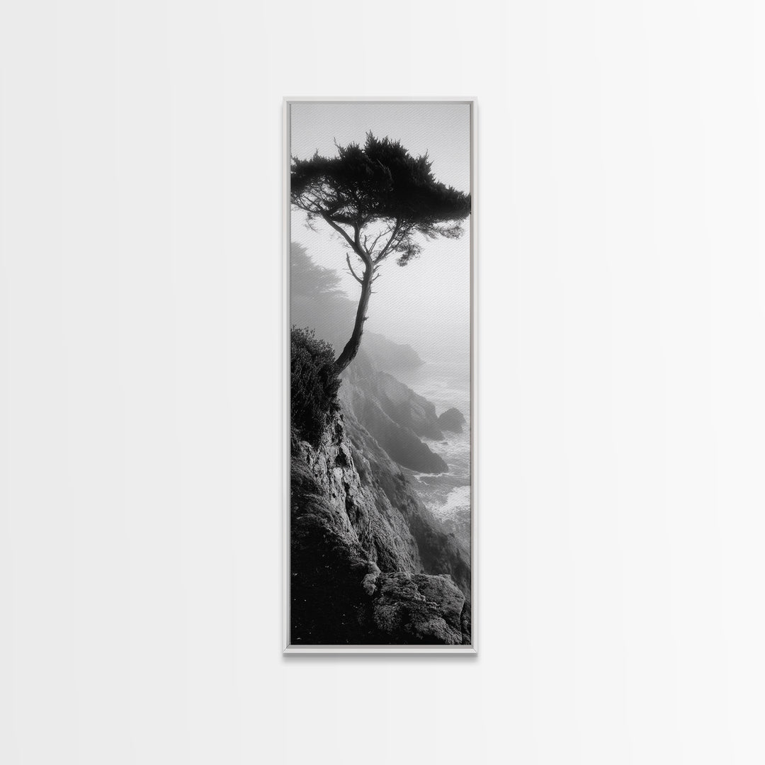 Coastal Tree, Cliff View, Ocean Mist, Moody Landscape, Canvas Print, Serene Bedroom Art, Monochrome Nature Photography Style
