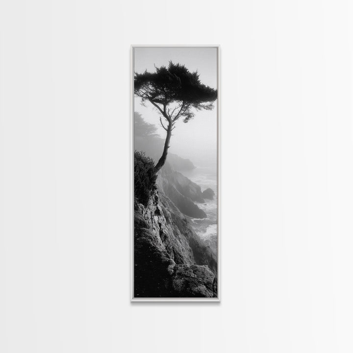 Coastal Tree, Cliff View, Ocean Mist, Moody Landscape, Canvas Print, Serene Bedroom Art, Monochrome Nature Photography Style