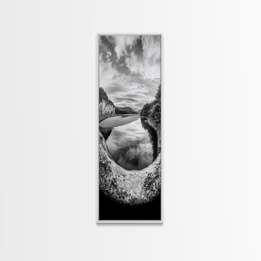 Black and White River, Forest Nature Scene, Reflection Wall Art, Framed Canvas Print, Neutral Landscape, Minimalist Bedroom Decor