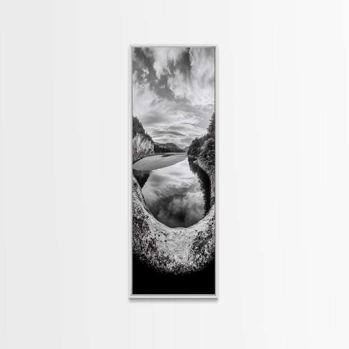 Black and White River, Forest Nature Scene, Reflection Wall Art, Framed Canvas Print, Neutral Landscape, Minimalist Bedroom Decor