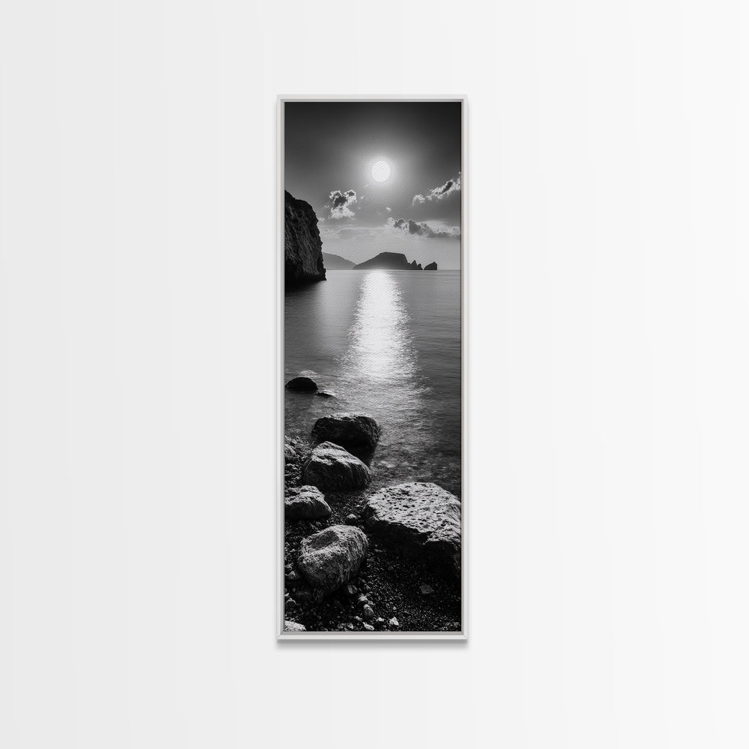 Moonlight Ocean View, Coastal Photography Art, Seascape Print, Framed Canvas Print, Bathroom Wall Art, Neutral Beach Decor