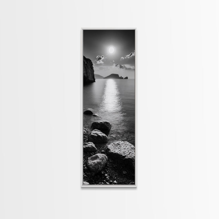 Moonlight Ocean View, Coastal Photography Art, Seascape Print, Framed Canvas Print, Bathroom Wall Art, Neutral Beach Decor