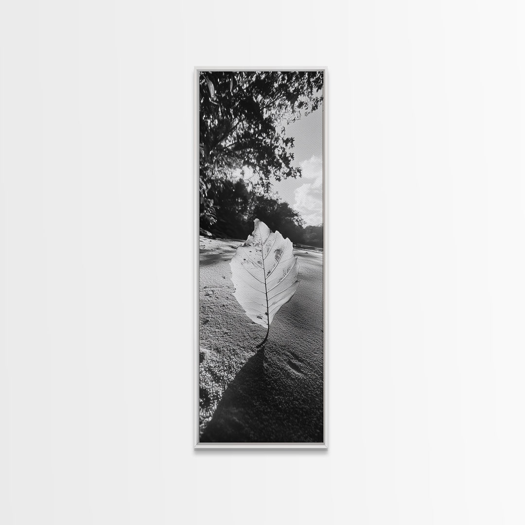 Autumn Leaf Beach, Fall Nature Scene, Minimal Wall Decor, Framed Canvas Print, Seasonal Bedroom Art, Black and White Photography