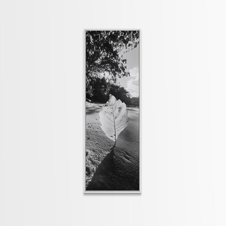 Autumn Leaf Beach, Fall Nature Scene, Minimal Wall Decor, Framed Canvas Print, Seasonal Bedroom Art, Black and White Photography