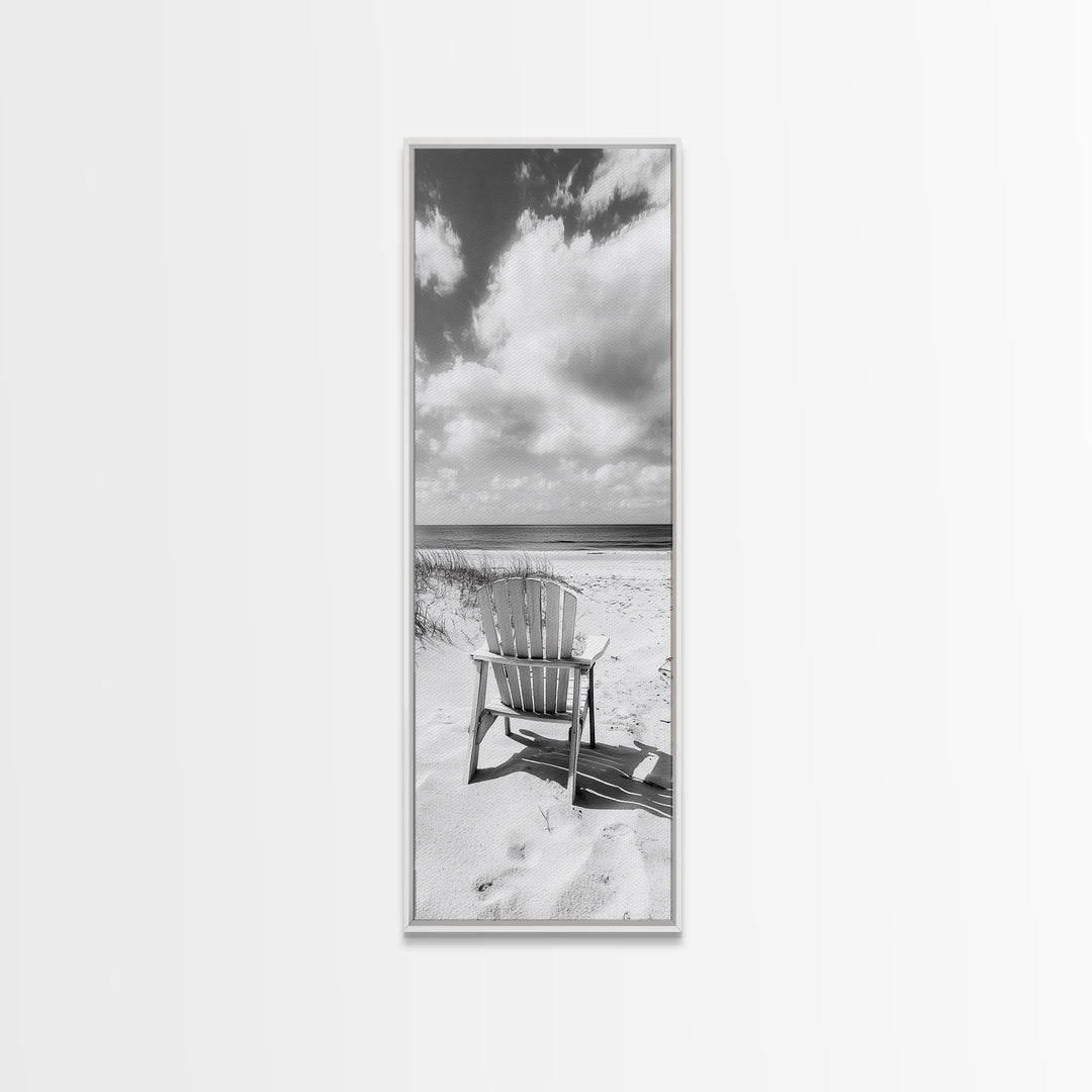 Ocean View Chair, Sandy Dunes, Seaside Retreat, Minimalist Beach, Calm Vibes, Framed Canvas Print, Bedroom Wall Art, Coastal Cottage Style