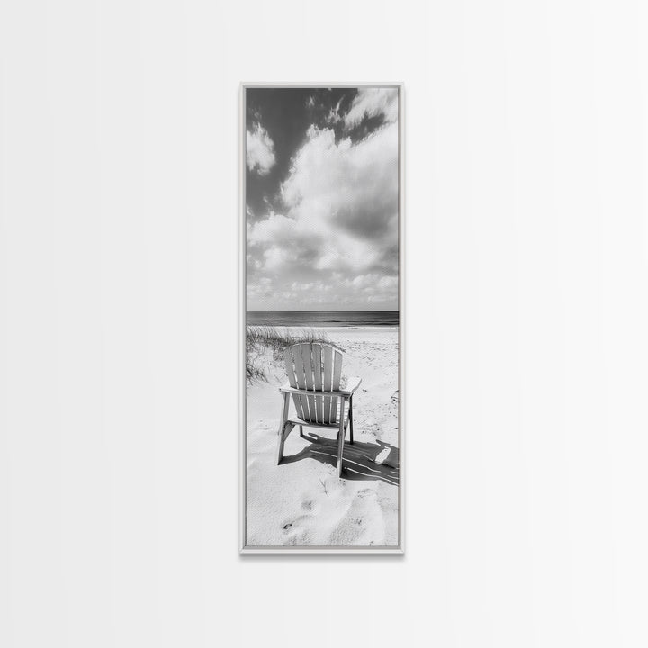 Ocean View Chair, Sandy Dunes, Seaside Retreat, Minimalist Beach, Calm Vibes, Framed Canvas Print, Bedroom Wall Art, Coastal Cottage Style