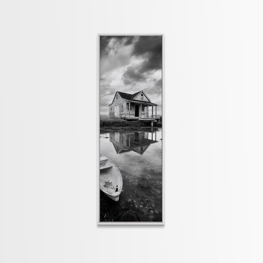 Weathered House, Abandoned Shack, Reflection Lake, Framed Canvas Print, Rustic cabin wall art, Fall entryway decor, Moody farmhouse aesthetic