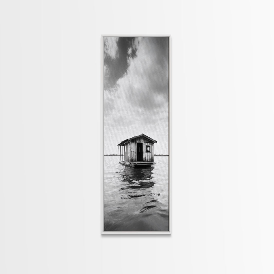 Floating Cabin, Water House, Tranquil Escape, Framed Canvas Print, Serene lake house wall art, Cabin decor, Nature minimalist bathroom print